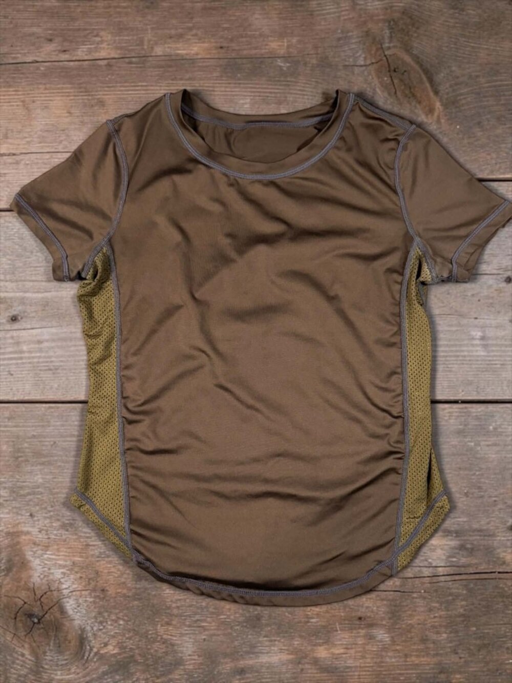 SHEIN Active Mesh Panel Workout T-Shirt Womens Medium Brown Olive Green Gym Top